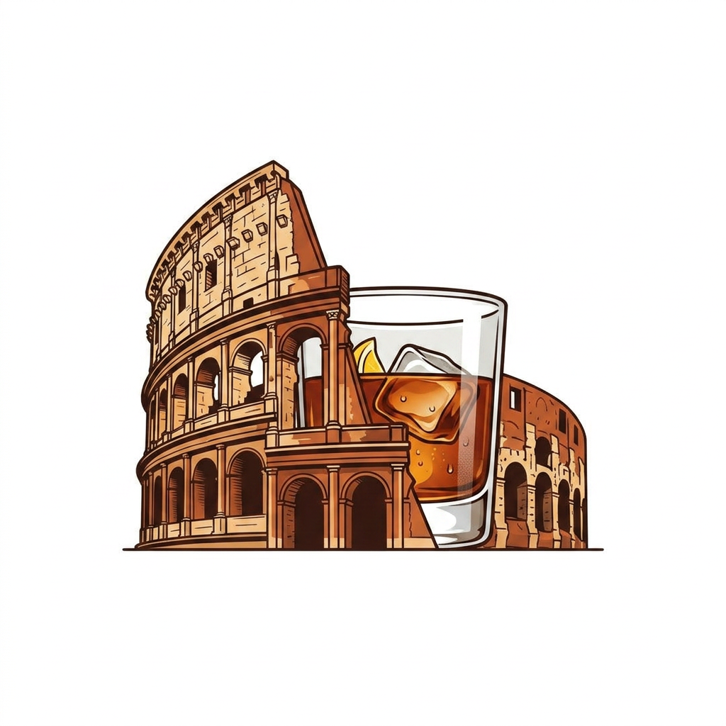 AI Design for a restobar logo for the company named SOVRANO, a classic retro italian themed logo with the colosseum & a glass of chilled whiskey in the main logo, just the logo with colosseum & the whiskey is needed with white bg, ill work on it further. make the colosseum & whiskey glass on the same line, blend the whiskey glass with colosseum like this. this big of a glass isnt needed