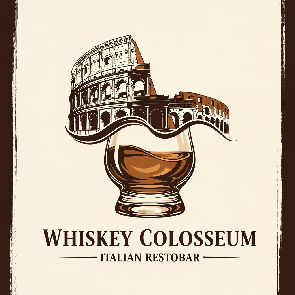 AI Design for create me a logo of a italian restobar, in a classic & artistic way. add a half of colosseum blending to a glass of whiskey in the logo. the third one here looks good as its merged perfectly, give me more of that