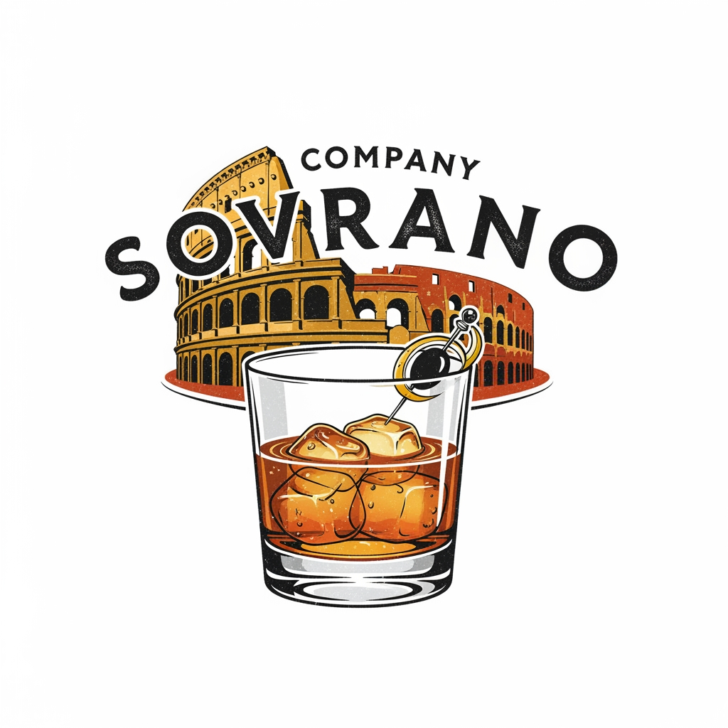 AI Design for a restobar logo for the company named SOVRANO, a classic retro italian themed logo with the colosseum & a glass of chilled whiskey in the main logo, just the logo with colosseum & the whiskey is needed with white bg, ill work on it further