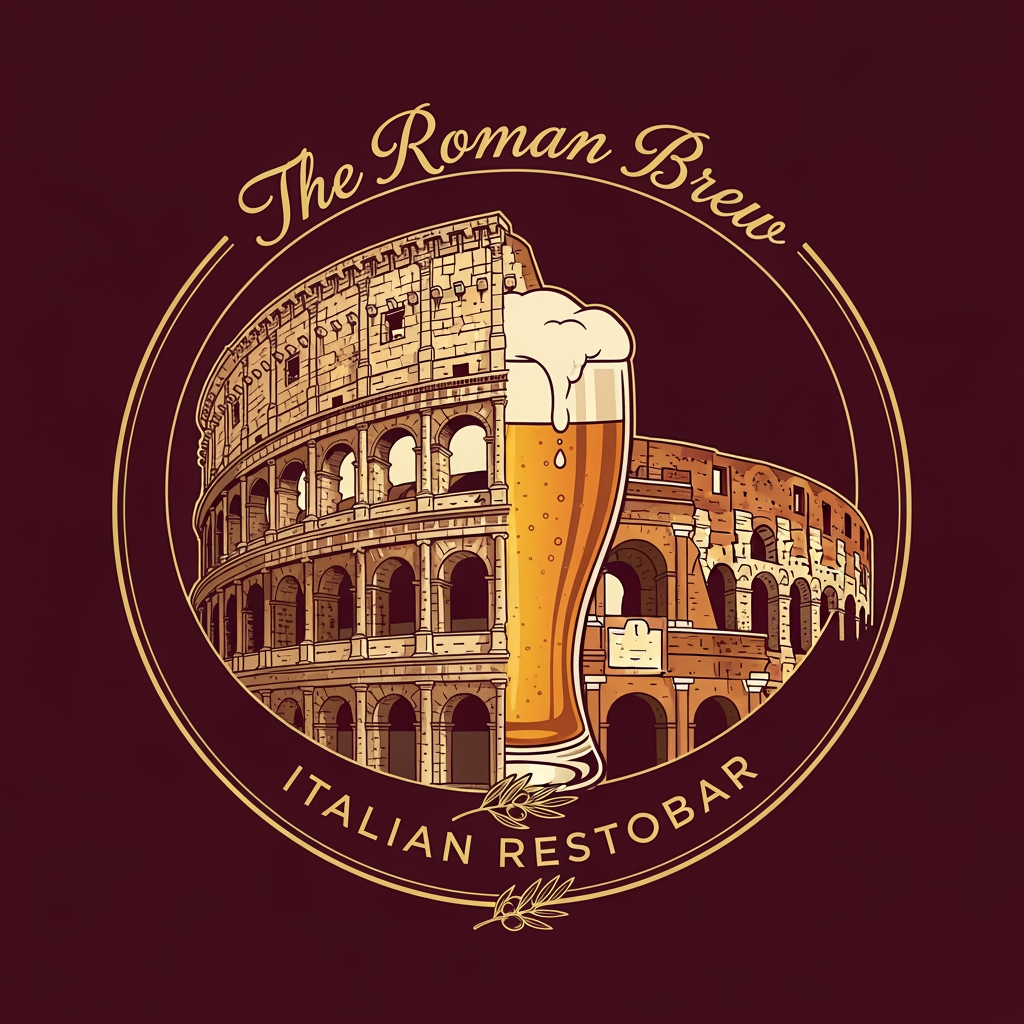 AI Design for create me a logo of a italian restobar, in a classic & artistic way. add a half of colosseum blending to a glass of filled beer in the logo. the second one here looks good as its merged perfectly, give me more of that