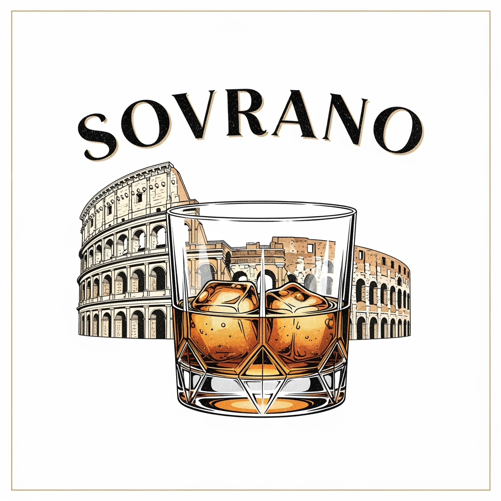 AI Design for a restobar logo for the company named SOVRANO, a classic retro italian themed logo with the colosseum & a glass of chilled whiskey in the main logo, just the logo with colosseum & the whiskey is needed with white bg, ill work on it further