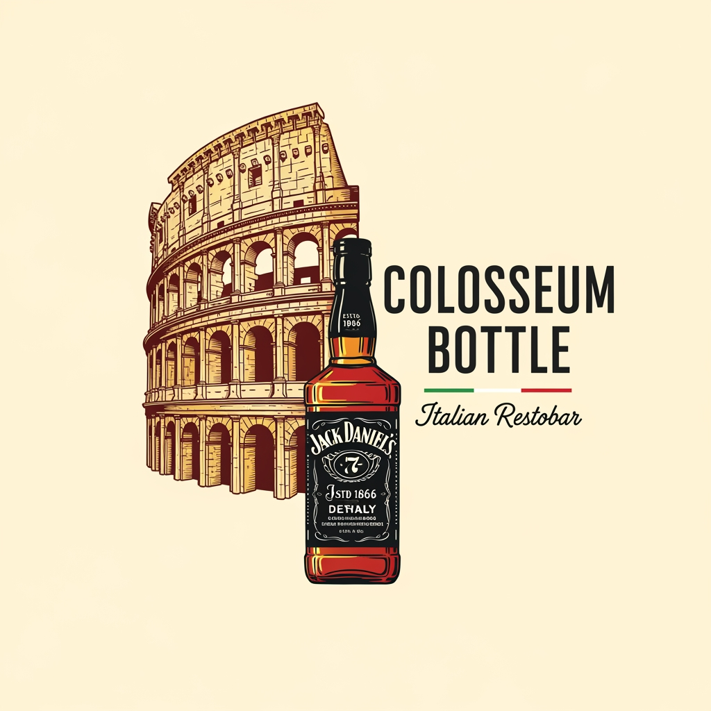 AI Design for create me a logo of a italian restobar, in a classic & artistic way. add a half of colosseum blending to a bottle of jack daniels in the logo. the third one here looks good as its merged perfectly, give me more of that