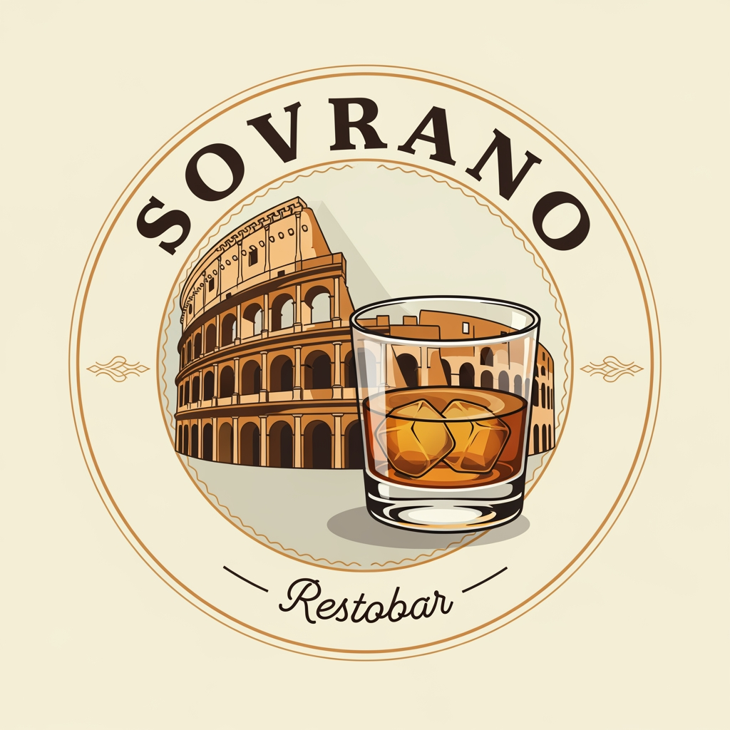 AI Design for a restobar logo for the company named SOVRANO, a classic retro italian themed logo with the colosseum & a glass of chilled whiskey in the main logo,
