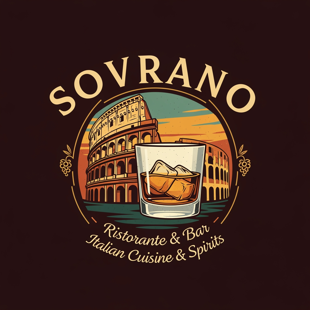 AI Design for a restobar logo for the company named SOVRANO, a classic retro italian themed logo with the colosseum & a glass of chilled whiskey in the main logo,