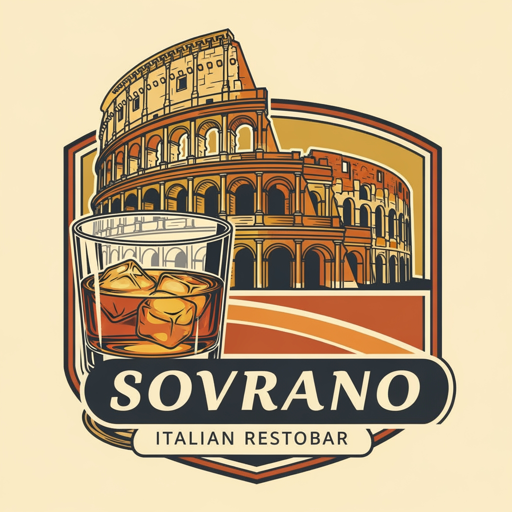 AI Design for a restobar logo for the company named SOVRANO, a classic retro italian themed logo with the colosseum & a glass of chilled whiskey in the main logo,