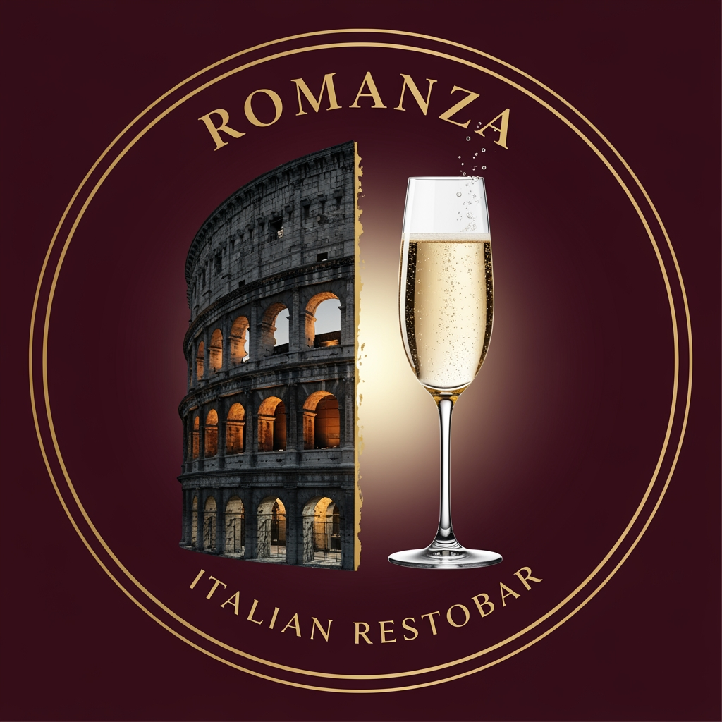 AI Design for create me a logo of a italian restobar, in a classic & artistic way. add a half of colosseum blending to a glass of champagne in the logo. the third one here looks good as its merged perfectly, give me more of that