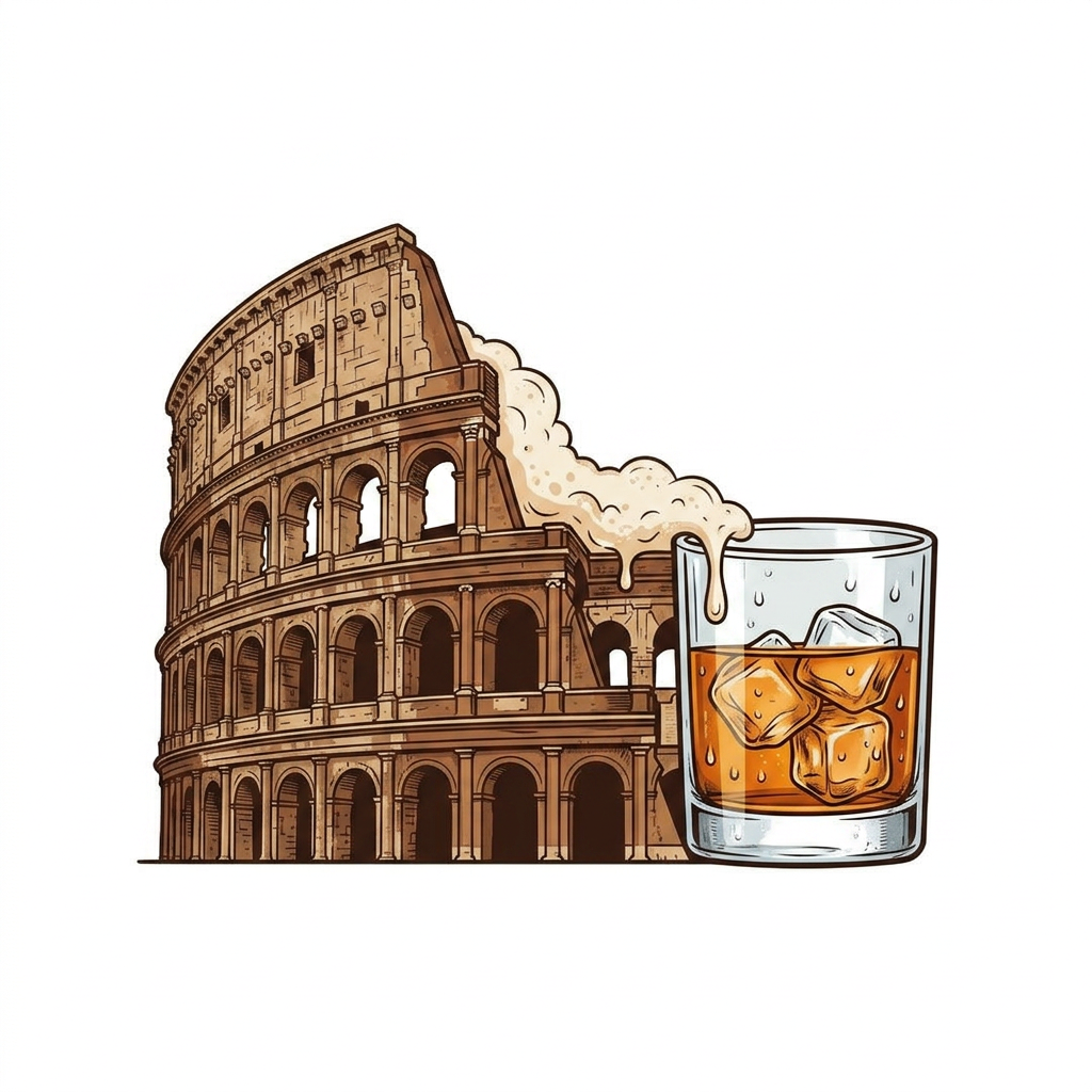 AI Design for a restobar logo for the company named SOVRANO, a classic retro italian themed logo with the colosseum & a glass of chilled whiskey in the main logo, just the logo with colosseum & the whiskey is needed with white bg, ill work on it further. make the colosseum & whiskey glass on the same line, blend the whiskey glass with colosseum like this. this big of a glass isnt needed. new