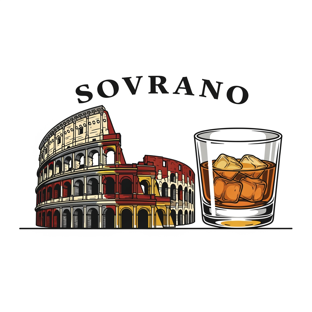 AI Design for a restobar logo for the company named SOVRANO, a classic retro italian themed logo with the colosseum & a glass of chilled whiskey in the main logo, just the logo with colosseum & the whiskey is needed with white bg, ill work on it further. make the colosseum & whiskey glass on the same line