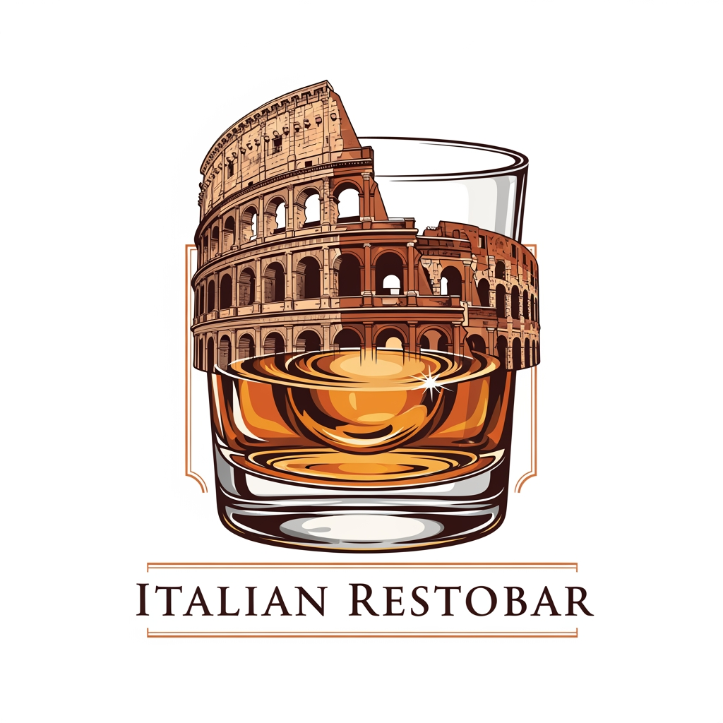 AI Design for create me a logo of a italian restobar, in a classic & artistic way. add a half of colosseum blending to a glass of whiskey in the logo. the third one here looks good as its merged perfectly, give me more of that