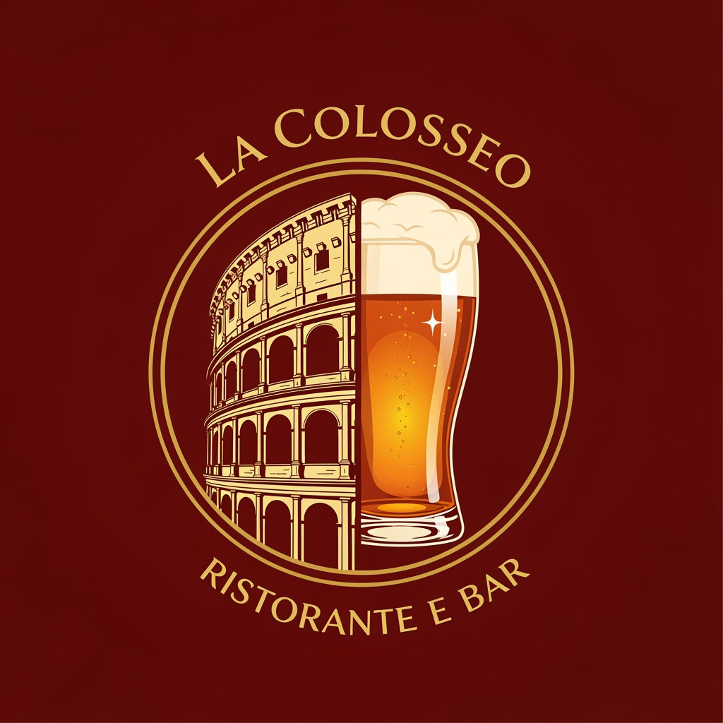 AI Design for create me a logo of a italian restobar, in a classic & artistic way. add a half of colosseum blending to a glass of filled beer in the logo