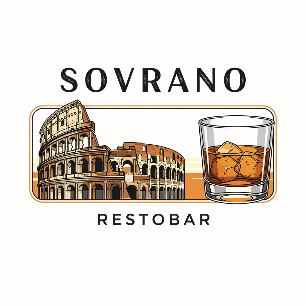 AI Design for a restobar logo for the company named SOVRANO, a classic retro italian themed logo with the colosseum & a glass of chilled whiskey in the main logo, just the logo with colosseum & the whiskey is needed with white bg, ill work on it further. make the colosseum & whiskey glass on the same line