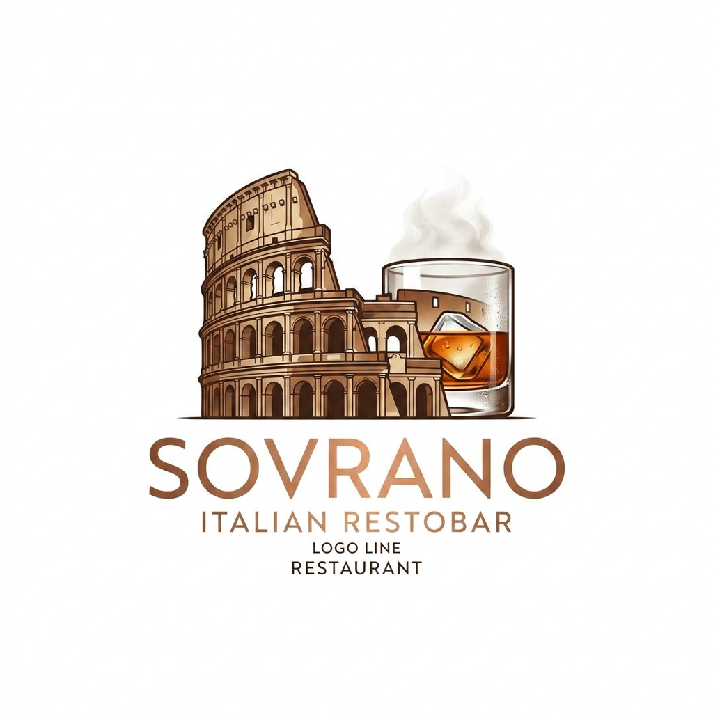 AI Design for a restobar logo for the company named SOVRANO, a classic retro italian themed logo with the colosseum & a glass of chilled whiskey in the main logo, just the logo with colosseum & the whiskey is needed with white bg, ill work on it further. make the colosseum & whiskey glass on the same line, blend the whiskey glass with colosseum like this. this big of a glass isnt needed. new +