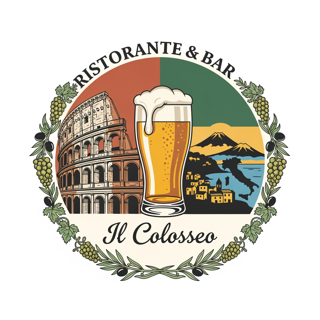 AI Design for create me a logo of a italian restobar, in a classic & artistic way. add a half of colosseum blending to a glass of filled beer in the logo