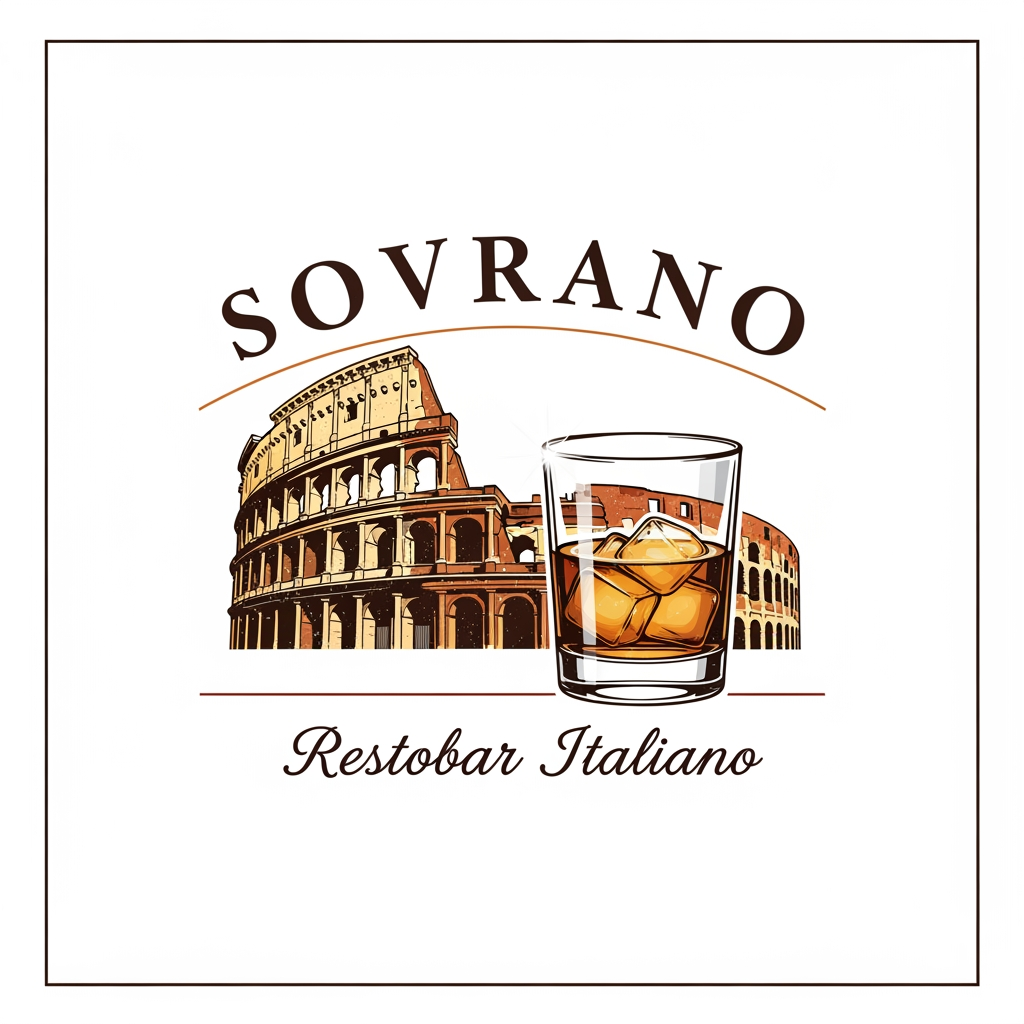 AI Design for a restobar logo for the company named SOVRANO, a classic retro italian themed logo with the colosseum & a glass of chilled whiskey in the main logo, just the logo with colosseum & the whiskey is needed with white bg, ill work on it further
