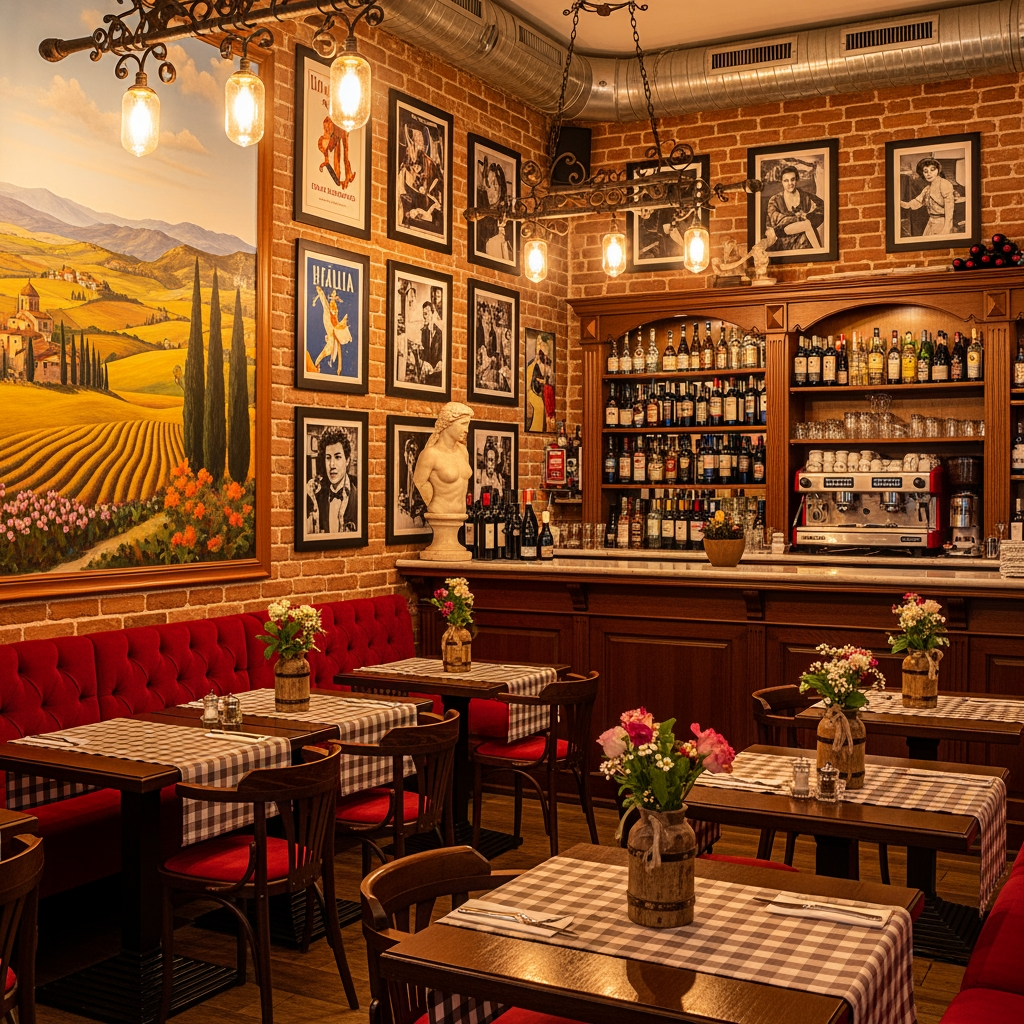 AI Design for an italian restobar, themed in a classic & artistic way