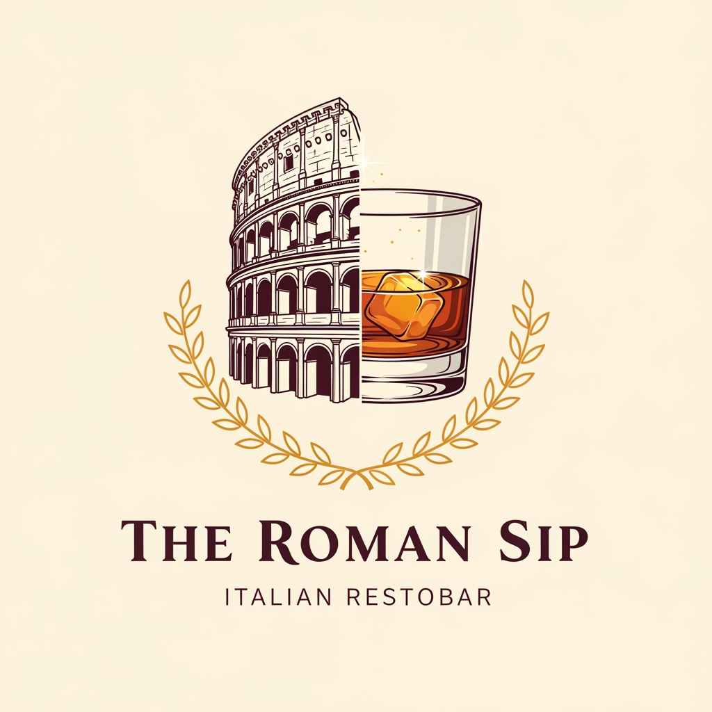 AI Design for create me a logo of a italian restobar, in a classic & artistic way. add a half of colosseum blending to a glass of whiskey in the logo. the third one here looks good as its merged perfectly, give me more of that