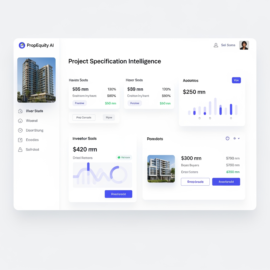 AI Design for Design a premium enterprise-grade "Project Specification Intelligence" screen for PropEquity AI.
This is not a simple specification page. It is an AI-powered project quality assessment experience for real estate investors, buyers, consultants, and research professionals.
Replace traditional accordion design with a modern intelligence dashboard.
Top section:
- Project name
- Project category
- Overall Specification Grade
- Luxury Score (0-100)
- AI-generated quality summary
- Market positioning badge
Display an AI analysis card explaining the overall construction quality, finish quality, material standards, and premium positioning.
Create specification cards grouped by categories:
- Living Room
- Dining Room
- Lobby
- Master Bedroom
- Other Bedroom
- Kitchen
- Bathroom
- Doors & Windows
- Electrical
- Structure
Each card should contain:
- Category icon
- Category title
- Luxury score
- Specification table
- Key highlights
Add a "Compared with Market Standard" section showing how this project's specifications compare against similar nearby projects.
Include AI-generated insights:
- Premium strengths
- Competitive advantages
- Quality observations
- Potential limitations
Add visual indicators:
- Luxury Grade
- Premium Grade
- Standard Grade
Use elegant card layouts instead of large accordions.
Design style:
- Premium real estate intelligence platform
- Bloomberg + CBRE + HouseCanary quality
- Clean white background
- Soft shadows
- 16px card radius
- Large readable typography
- Investor-focused presentation
- Desktop-first enterprise SaaS layout
The final screen should feel like a luxury project evaluation report generated by AI rather than a static specifications list.