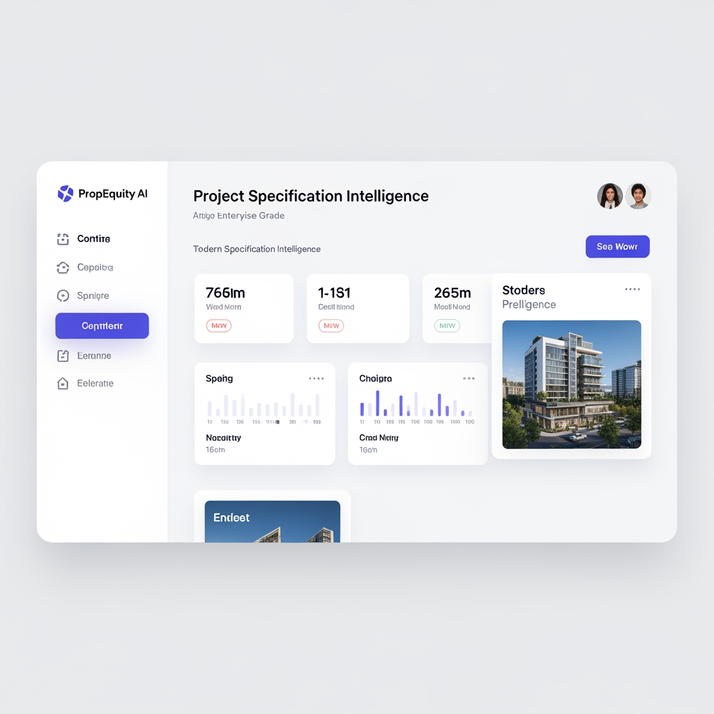 AI Design for Design a premium enterprise-grade "Project Specification Intelligence" screen for PropEquity AI.
This is not a simple specification page. It is an AI-powered project quality assessment experience for real estate investors, buyers, consultants, and research professionals.
Replace traditional accordion design with a modern intelligence dashboard.
Top section:
- Project name
- Project category
- Overall Specification Grade
- Luxury Score (0-100)
- AI-generated quality summary
- Market positioning badge
Display an AI analysis card explaining the overall construction quality, finish quality, material standards, and premium positioning.
Create specification cards grouped by categories:
- Living Room
- Dining Room
- Lobby
- Master Bedroom
- Other Bedroom
- Kitchen
- Bathroom
- Doors & Windows
- Electrical
- Structure
Each card should contain:
- Category icon
- Category title
- Luxury score
- Specification table
- Key highlights
Add a "Compared with Market Standard" section showing how this project's specifications compare against similar nearby projects.
Include AI-generated insights:
- Premium strengths
- Competitive advantages
- Quality observations
- Potential limitations
Add visual indicators:
- Luxury Grade
- Premium Grade
- Standard Grade
Use elegant card layouts instead of large accordions.
Design style:
- Premium real estate intelligence platform
- Bloomberg + CBRE + HouseCanary quality
- Clean white background
- Soft shadows
- 16px card radius
- Large readable typography
- Investor-focused presentation
- Desktop-first enterprise SaaS layout
The final screen should feel like a luxury project evaluation report generated by AI rather than a static specifications list.