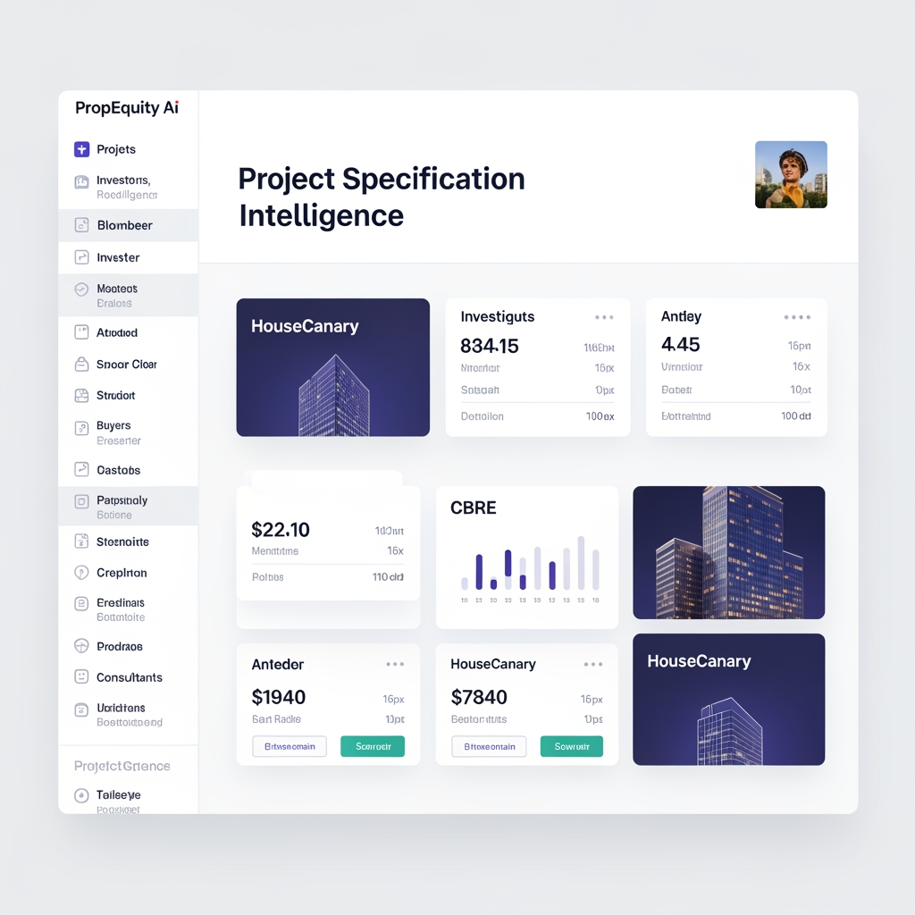 AI Design for Design a premium enterprise-grade "Project Specification Intelligence" screen for PropEquity AI.
This is not a simple specification page. It is an AI-powered project quality assessment experience for real estate investors, buyers, consultants, and research professionals.
Replace traditional accordion design with a modern intelligence dashboard.
Top section:
- Project name
- Project category
- Overall Specification Grade
- Luxury Score (0-100)
- AI-generated quality summary
- Market positioning badge
Display an AI analysis card explaining the overall construction quality, finish quality, material standards, and premium positioning.
Create specification cards grouped by categories:
- Living Room
- Dining Room
- Lobby
- Master Bedroom
- Other Bedroom
- Kitchen
- Bathroom
- Doors & Windows
- Electrical
- Structure
Each card should contain:
- Category icon
- Category title
- Luxury score
- Specification table
- Key highlights
Add a "Compared with Market Standard" section showing how this project's specifications compare against similar nearby projects.
Include AI-generated insights:
- Premium strengths
- Competitive advantages
- Quality observations
- Potential limitations
Add visual indicators:
- Luxury Grade
- Premium Grade
- Standard Grade
Use elegant card layouts instead of large accordions.
Design style:
- Premium real estate intelligence platform
- Bloomberg + CBRE + HouseCanary quality
- Clean white background
- Soft shadows
- 16px card radius
- Large readable typography
- Investor-focused presentation
- Desktop-first enterprise SaaS layout
The final screen should feel like a luxury project evaluation report generated by AI rather than a static specifications list.
