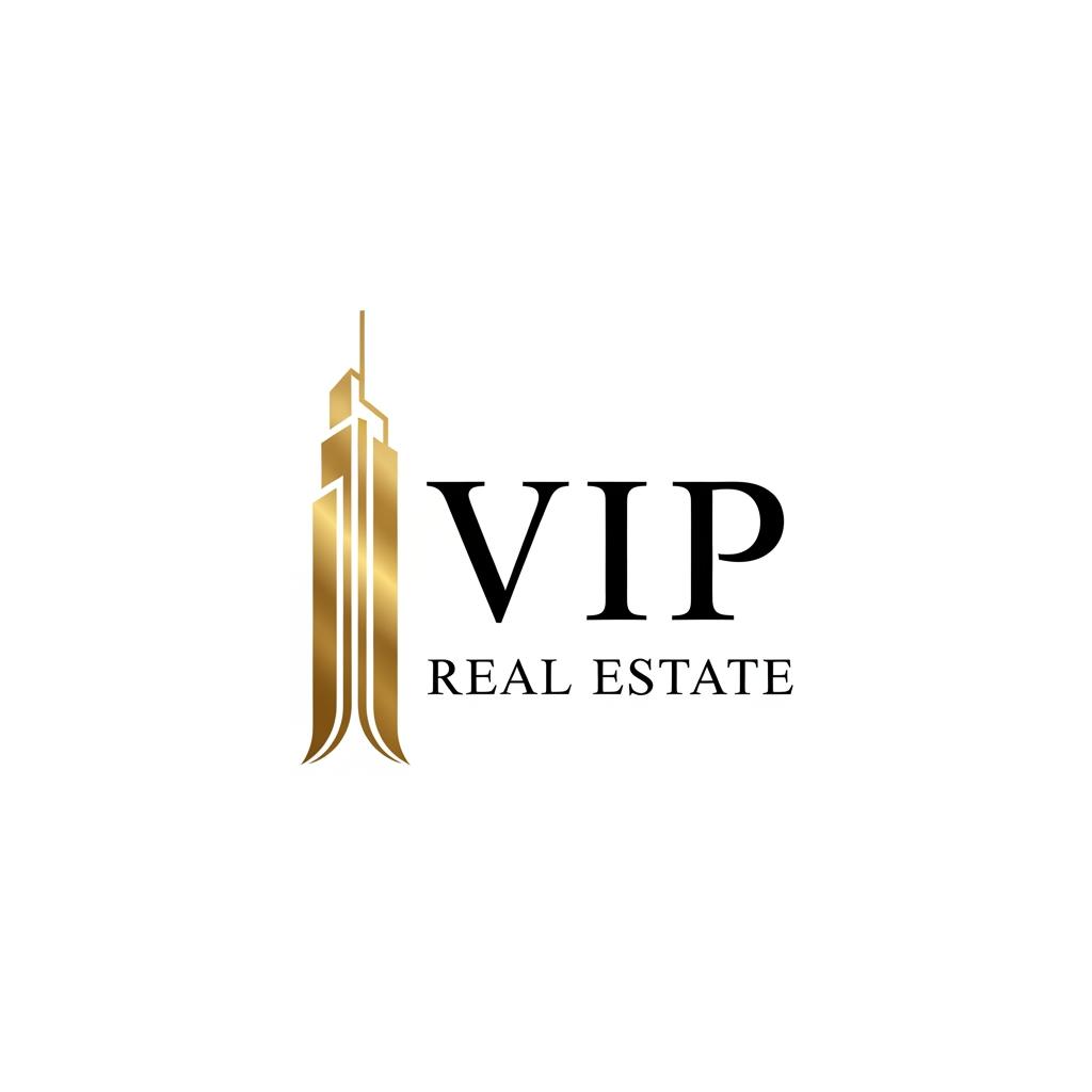 AI Design for Luxury logo for "VIP Real Estate", iconic skyscraper symbol, elegant serif typography, black and metallic gold palette, high-end property developer identity, minimalist vector design, premium corporate branding, white background, award-winning logo style.