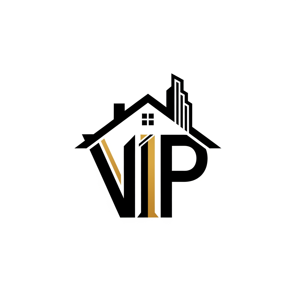 AI Design for Design a modern monogram logo where the letters V, I, and P form the shape of a house roof and building skyline. Minimalist, luxury real estate branding, black and gold color scheme, sharp geometric lines, vector logo, white background.ntity, white background.