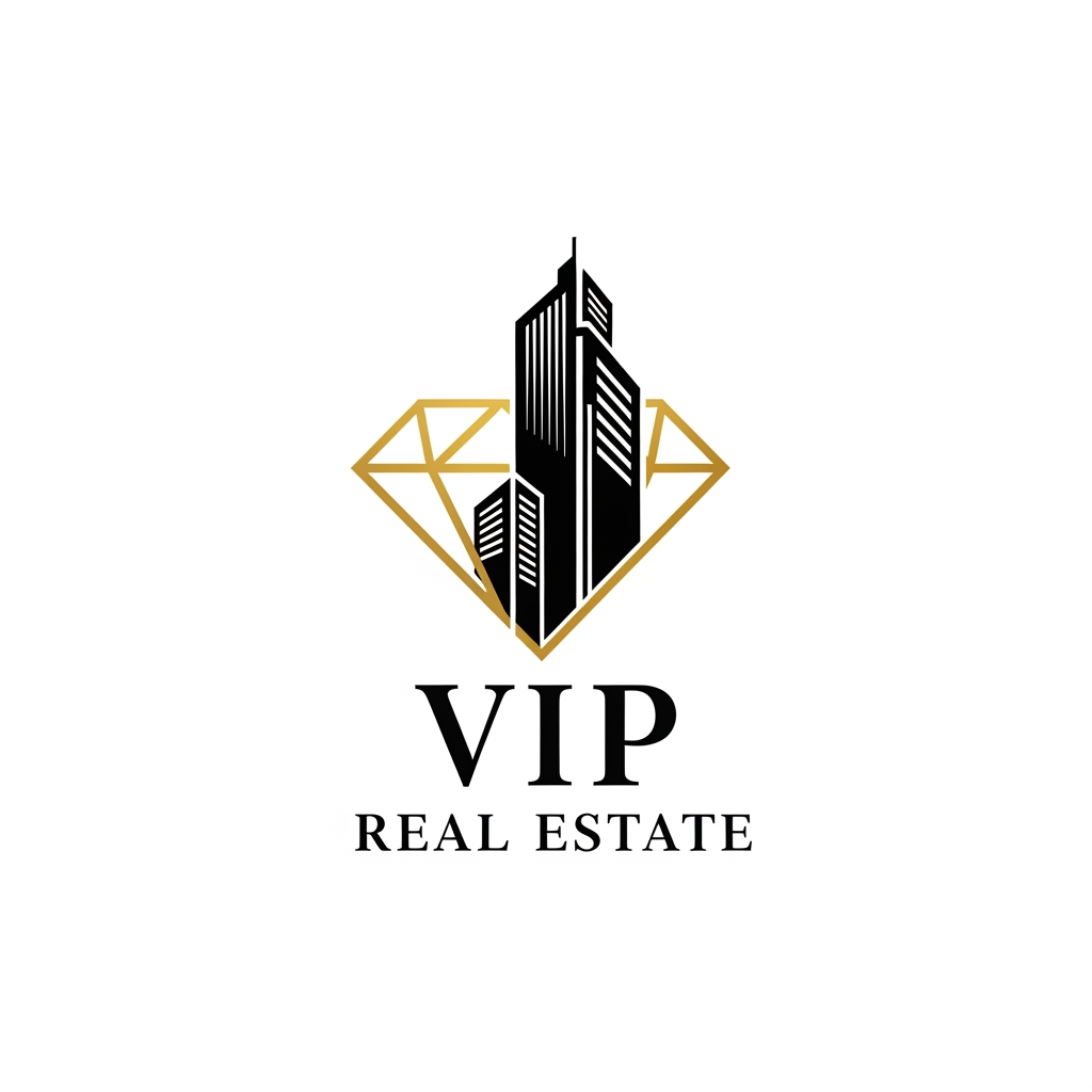 AI Design for Design a luxury logo for "VIP Real Estate" combining a diamond outline with a modern building silhouette. Premium black and gold theme, sophisticated typography, clean vector design, white background.