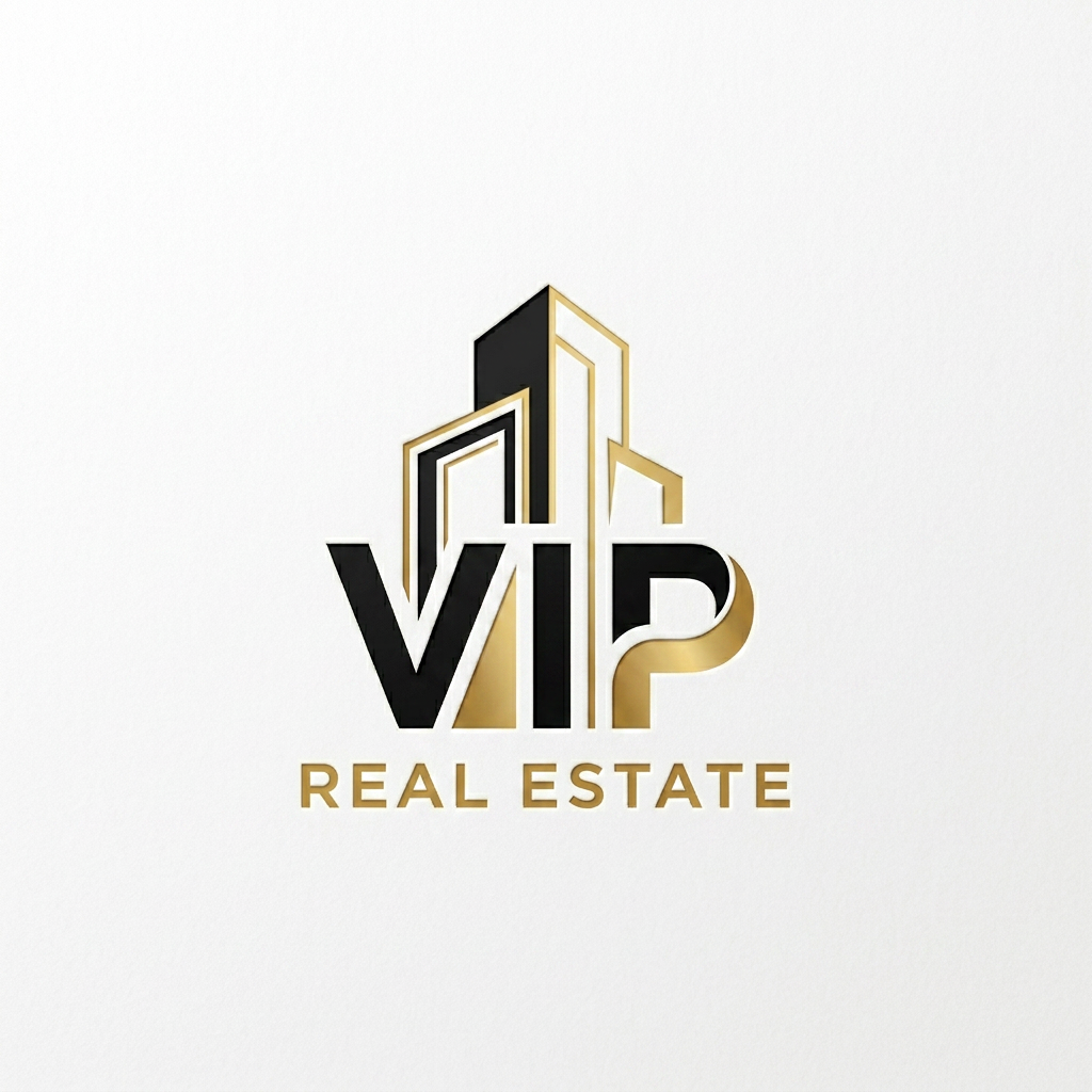 AI Design for Luxury monogram logo for "VIP Real Estate", combining the letters VIP into a sophisticated architectural emblem, premium gold and black colors, modern minimal design, upscale real estate branding, clean vector artwork, corporate identity, white background, professional and timeless appearance.