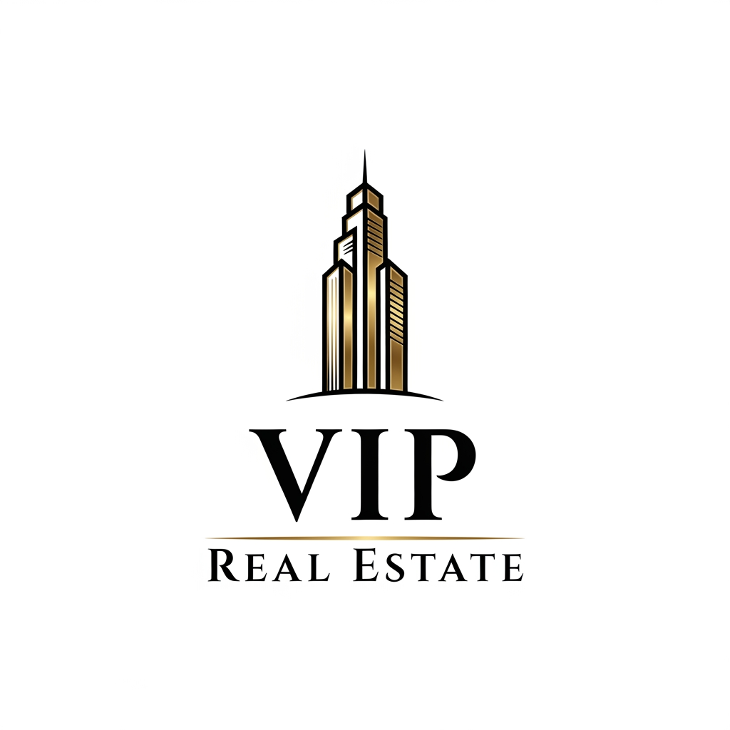 AI Design for Luxury logo for "VIP Real Estate", iconic skyscraper symbol, elegant serif typography, black and metallic gold palette, high-end property developer identity, minimalist vector design, premium corporate branding, white background, award-winning logo style.