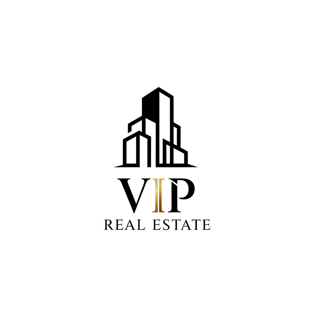 AI Design for Design a premium and modern logo for "VIP Real Estate". Minimalist luxury style with a sophisticated combination of a building silhouette and elegant typography. Use bold black and rich gold accents, clean geometric lines, professional corporate branding, high-end real estate identity, vector logo design, flat design, scalable, centered composition, white background, no mockup, no 3D effects, no shadows, luxury property brand aesthetic.