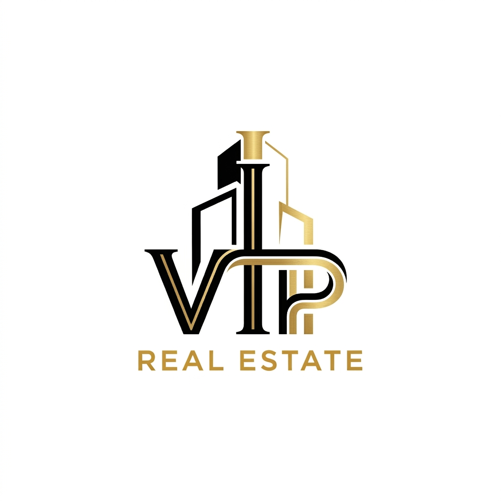 AI Design for Create a sleek and luxurious "VIP Real Estate" logo featuring the letters V, I, and P integrated into a modern skyscraper icon. Premium black and gold color palette, minimalist vector style, clean typography, professional real estate branding, high-end property developer identity, white background, flat design, sharp lines, elegant and memorable logo mark.