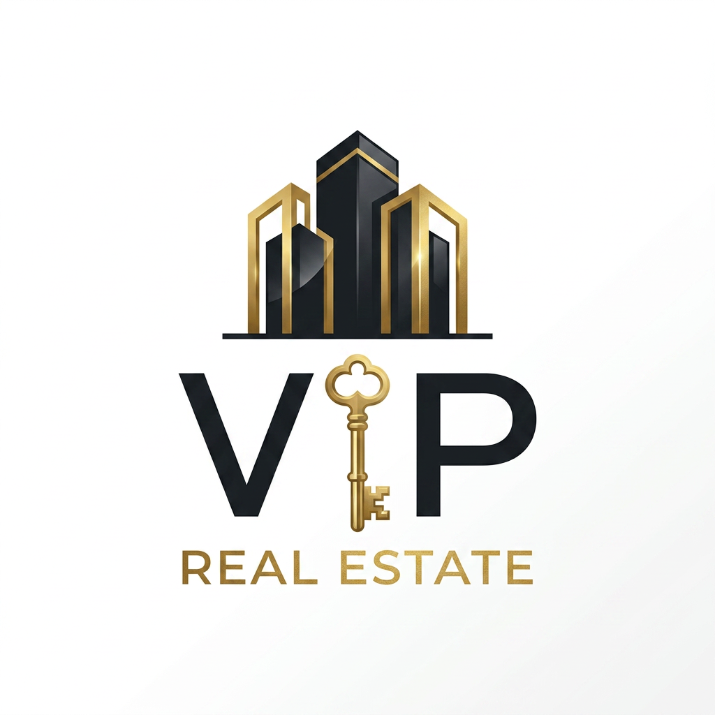 AI Design for Create a high-end "VIP Real Estate" logo with a modern key icon forming part of the letters VIP. Luxury black and gold colors, minimalist vector style, clean typography, premium property investment brand identity, white background.