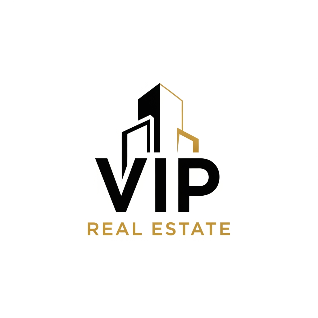 AI Design for Design a premium and modern logo for "VIP Real Estate". Minimalist luxury style with a sophisticated combination of a building silhouette and elegant typography. Use bold black and rich gold accents, clean geometric lines, professional corporate branding, high-end real estate identity, vector logo design, flat design, scalable, centered composition, white background, no mockup, no 3D effects, no shadows, luxury property brand aesthetic.