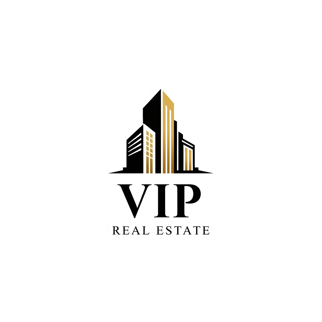 AI Design for Design a premium and modern logo for "VIP Real Estate". Minimalist luxury style with a sophisticated combination of a building silhouette and elegant typography. Use bold black and rich gold accents, clean geometric lines, professional corporate branding, high-end real estate identity, vector logo design, flat design, scalable, centered composition, white background, no mockup, no 3D effects, no shadows, luxury property brand aesthetic.