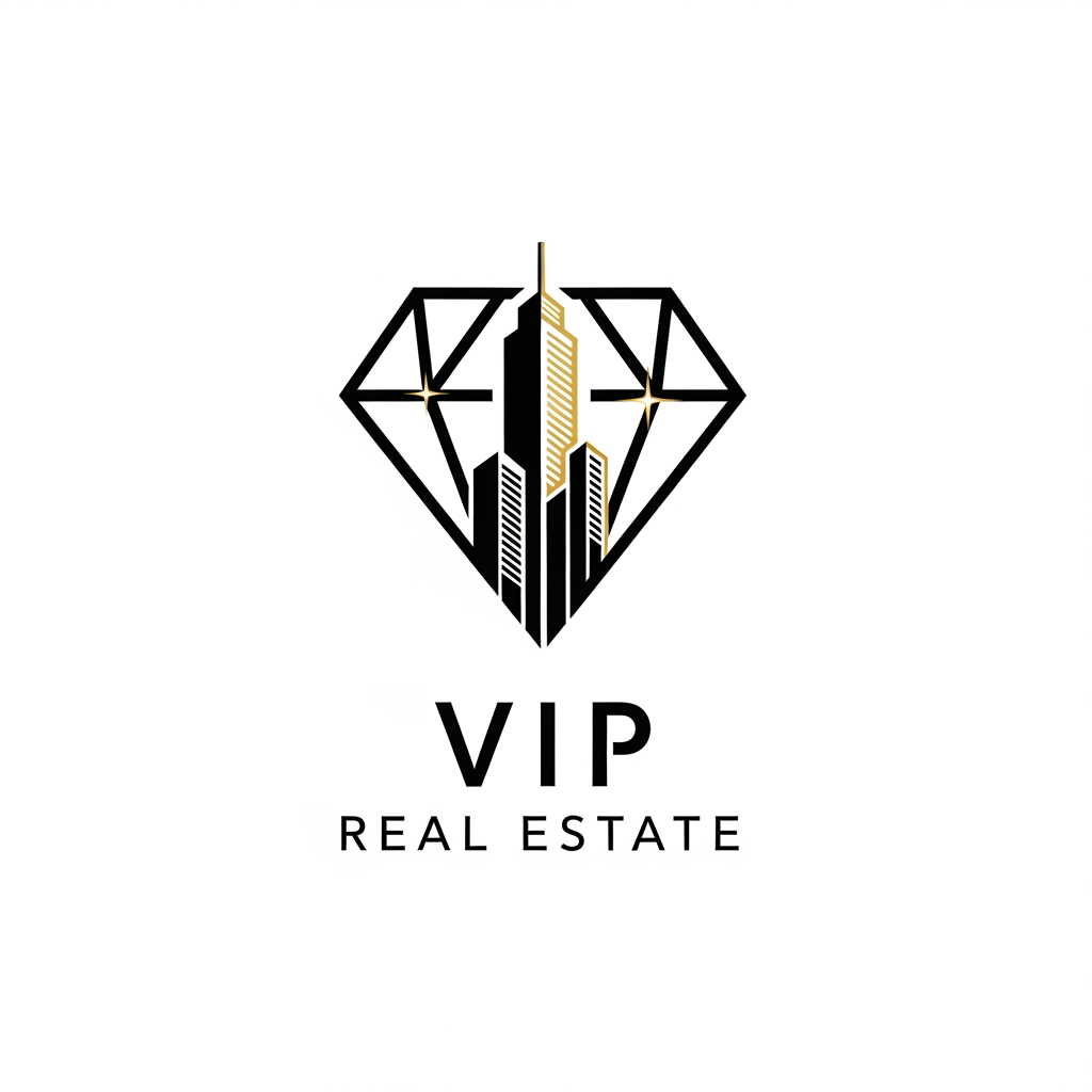 AI Design for Design a luxury logo for "VIP Real Estate" combining a diamond outline with a modern building silhouette. Premium black and gold theme, sophisticated typography, clean vector design, white background.