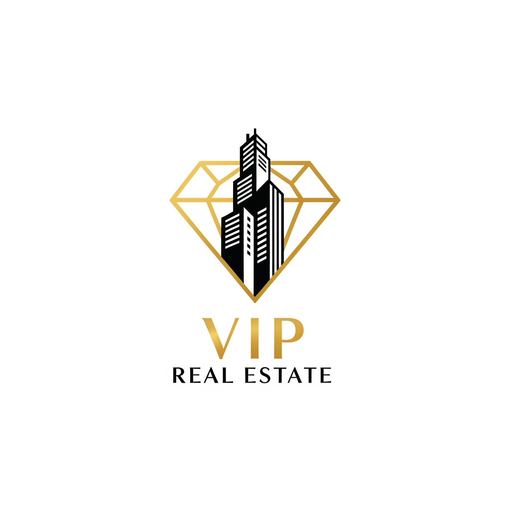 AI Design for Design a luxury logo for "VIP Real Estate" combining a diamond outline with a modern building silhouette. Premium black and gold theme, sophisticated typography, clean vector design, white background.