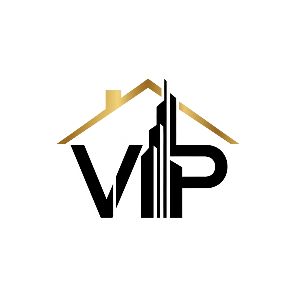 AI Design for Design a modern monogram logo where the letters V, I, and P form the shape of a house roof and building skyline. Minimalist, luxury real estate branding, black and gold color scheme, sharp geometric lines, vector logo, white background.ntity, white background.