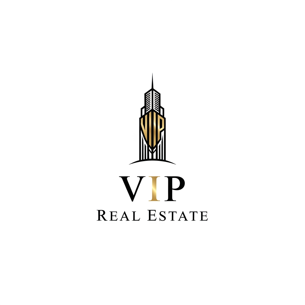 AI Design for Luxury logo for "VIP Real Estate", iconic skyscraper symbol, elegant serif typography, black and metallic gold palette, high-end property developer identity, minimalist vector design, premium corporate branding, white background, award-winning logo style.