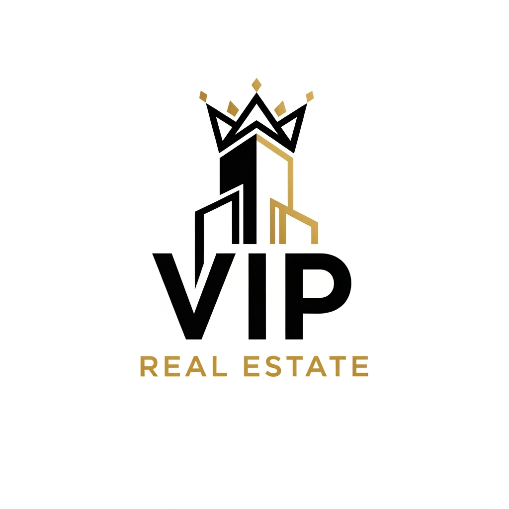 AI Design for Design a premium logo for "VIP Real Estate" featuring a minimalist crown seamlessly integrated with a modern skyscraper. Elegant black and gold color palette, luxury real estate branding, clean vector design, sophisticated typography, white background, professional and timeless.