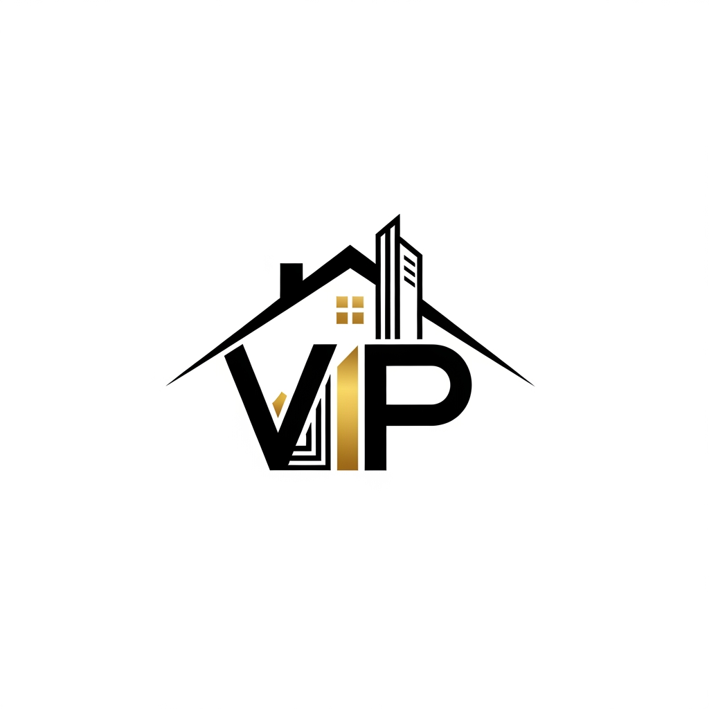 AI Design for Design a modern monogram logo where the letters V, I, and P form the shape of a house roof and building skyline. Minimalist, luxury real estate branding, black and gold color scheme, sharp geometric lines, vector logo, white background.ntity, white background.
