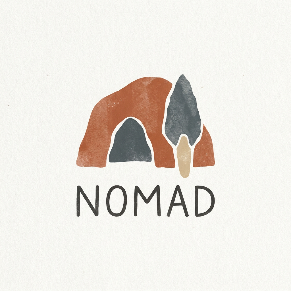 AI Design for A minimalist, earthy logo design for a brand named Nomad, featuring an abstract, stylized cave entrance or ancient stone tool silhouette. The aesthetic is raw and organic, utilizing a warm, muted color palette of terracotta, slate grey, and sandstone to evoke a sense of grounding and primitive tranquility. The design should feel timeless and balanced, conveying a peaceful escape from modern technology.