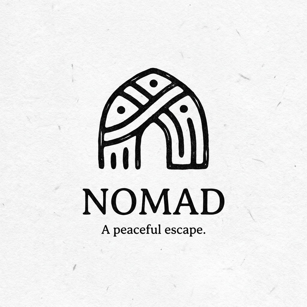 AI Design for A minimalist, earthy logo design for a brand named Nomad, featuring an abstract, stylized cave entrance or ancient stone tool silhouette. The aesthetic is raw and organic, use black and white ,The design should feel timeless and balanced, conveying a peaceful escape from modern technology, make the logo not reflect the cave or tribe directly insted make an emotion and a story behind the logo
