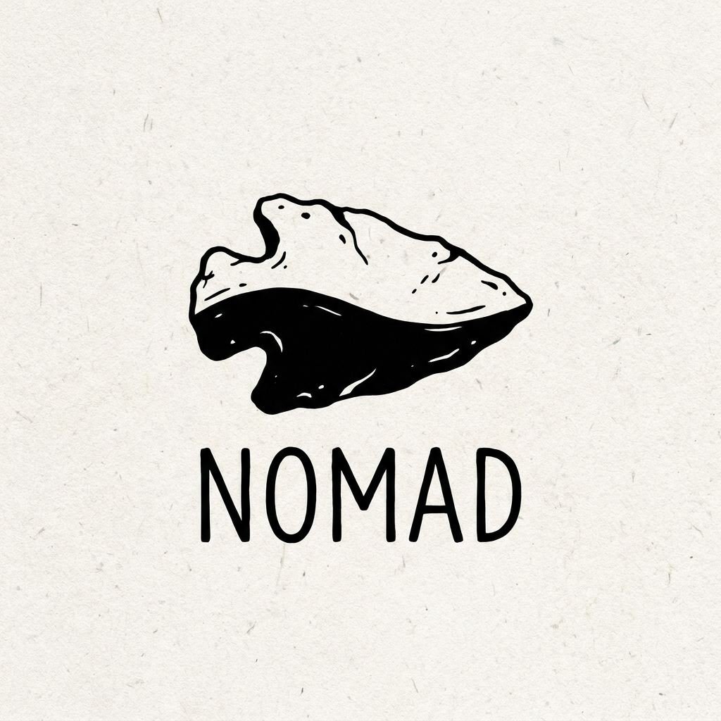 AI Design for A minimalist, earthy logo design for a brand named Nomad, featuring an abstract, stylized cave entrance or ancient stone tool silhouette. The aesthetic is raw and organic, use black and white ,The design should feel timeless and balanced, conveying a peaceful escape from modern technology, make the logo not reflect the cave or tribe directly insted make an emotion and a story behind the logo