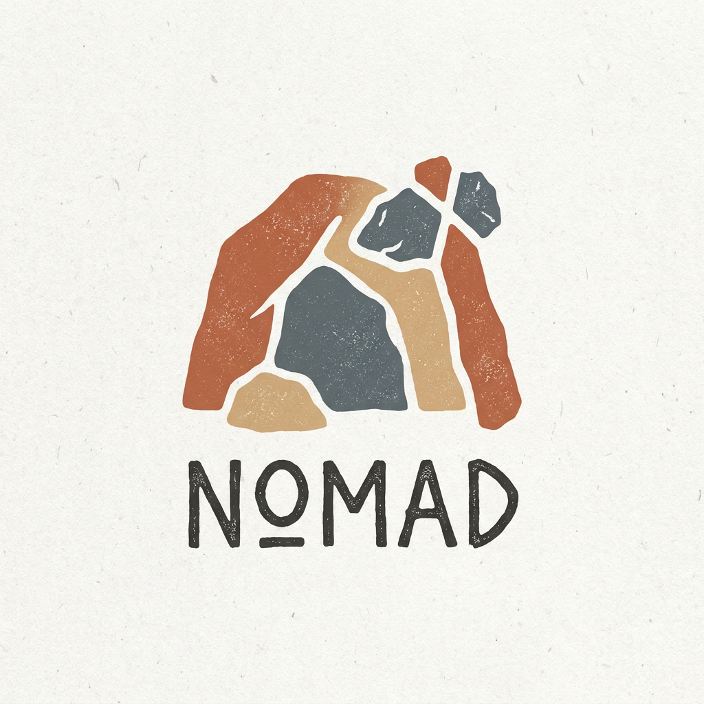 AI Design for A minimalist, earthy logo design for a brand named Nomad, featuring an abstract, stylized cave entrance or ancient stone tool silhouette. The aesthetic is raw and organic, utilizing a warm, muted color palette of terracotta, slate grey, and sandstone to evoke a sense of grounding and primitive tranquility. The design should feel timeless and balanced, conveying a peaceful escape from modern technology.
