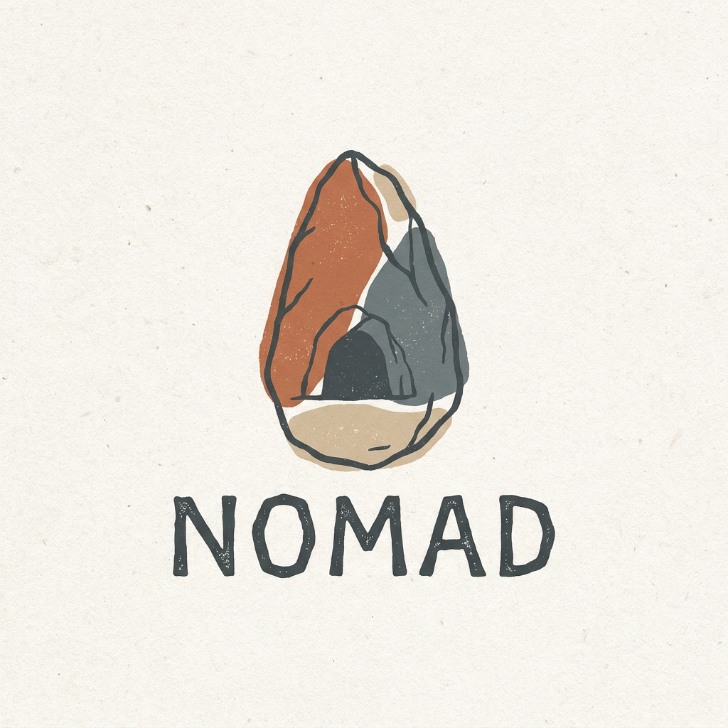AI Design for A minimalist, earthy logo design for a brand named Nomad, featuring an abstract, stylized cave entrance or ancient stone tool silhouette. The aesthetic is raw and organic, utilizing a warm, muted color palette of terracotta, slate grey, and sandstone to evoke a sense of grounding and primitive tranquility. The design should feel timeless and balanced, conveying a peaceful escape from modern technology.