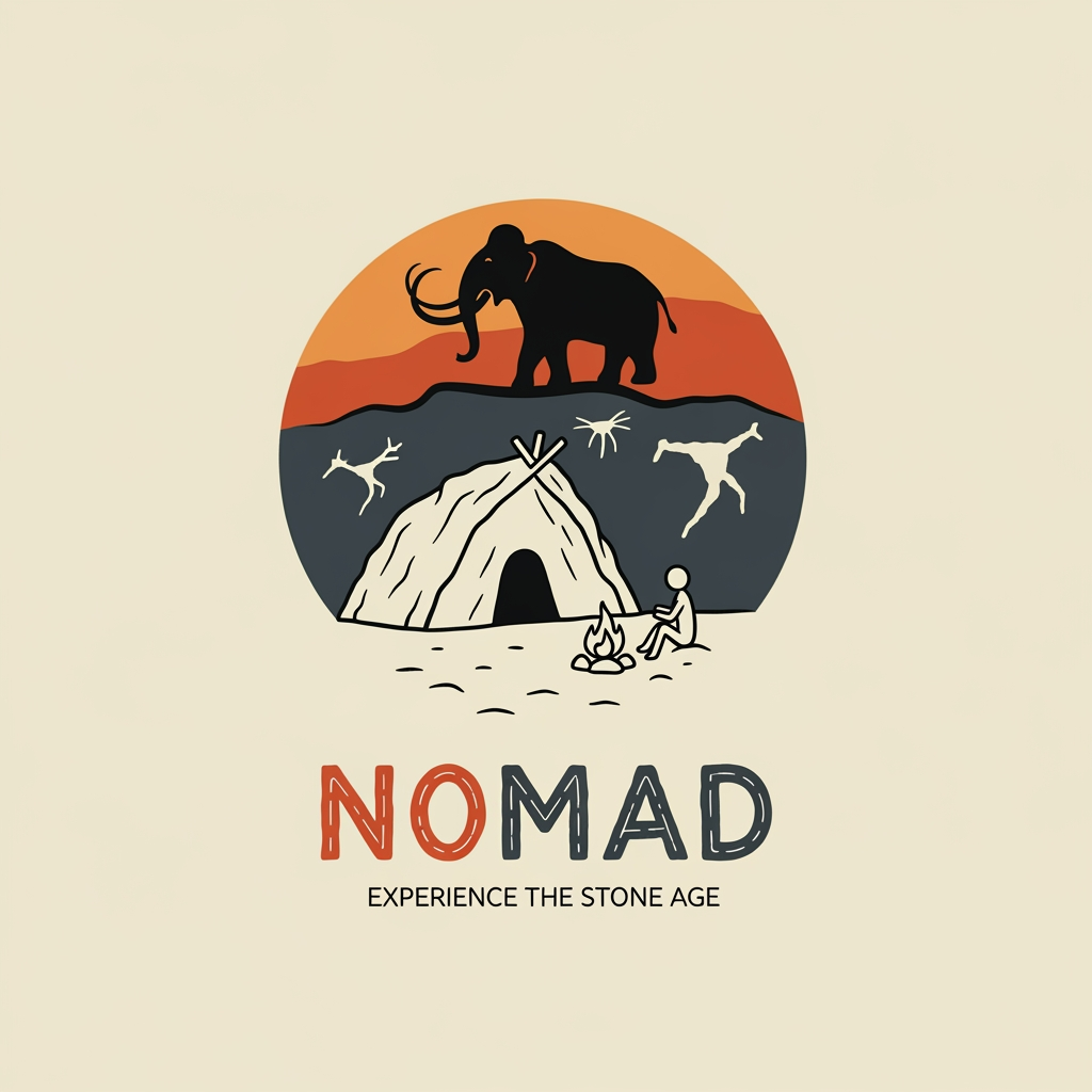 AI Design for create a logo for a brand named "nomad" which is simillar to a home stay that gives you the expirence of living in the stone age its is to ease people from their fast phase life