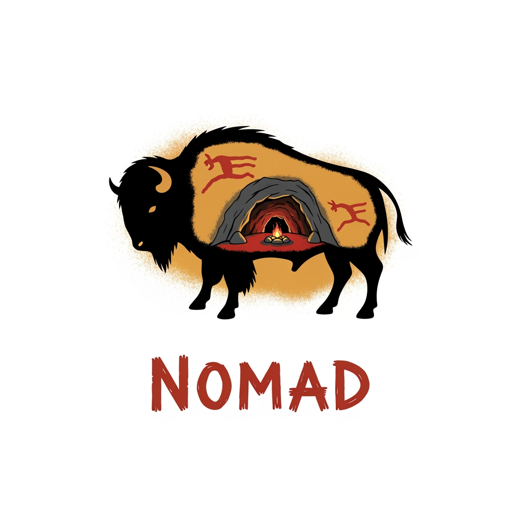 AI Design for create a logo for a brand named "nomad" which is simillar to a home stay that gives you the expirence of living in the stone age its is to ease people from their fast phase life