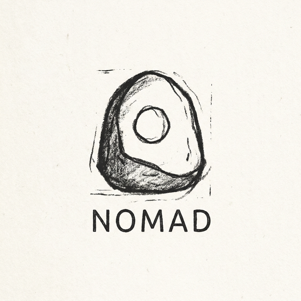 AI Design for A minimalist, earthy logo design for a brand named Nomad, featuring an abstract, stylized cave entrance or ancient stone tool silhouette. The aesthetic is raw and organic, use black and white ,The design should feel timeless and balanced, conveying a peaceful escape from modern technology, make the logo not reflect the cave or tribe directly insted make an emotion and a story behind the logo