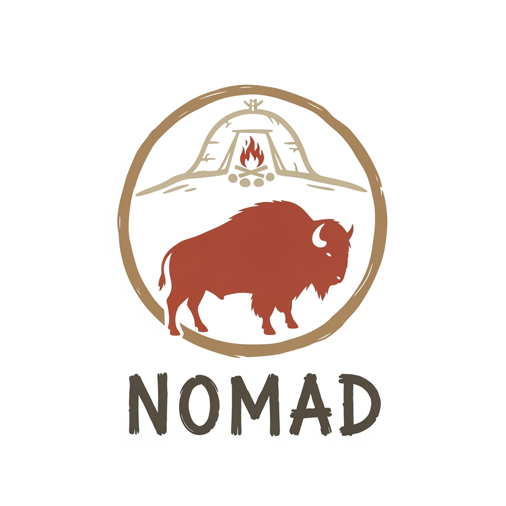 AI Design for create a logo for a brand named "nomad" which is simillar to a home stay that gives you the expirence of living in the stone age its is to ease people from their fast phase life