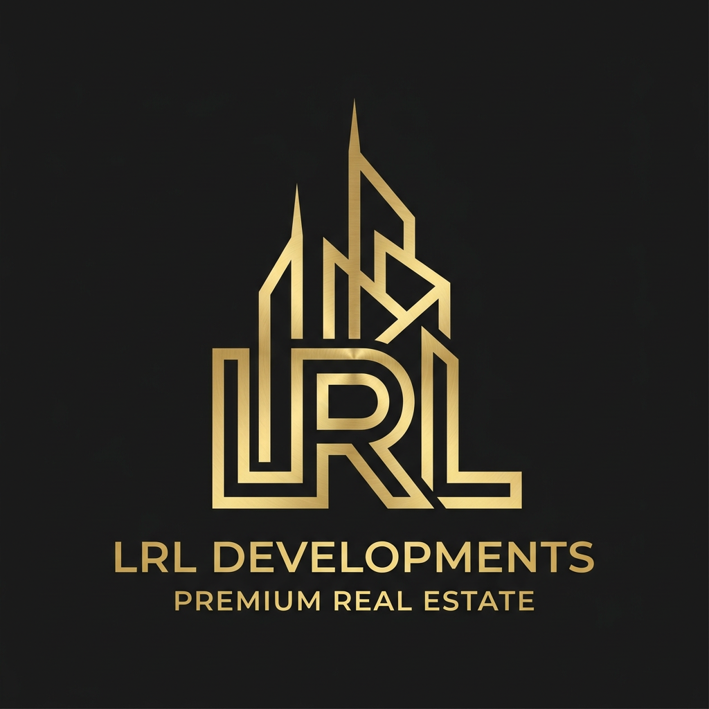 AI Design for A sophisticated, high-end vector logo for a premium real estate developer, featuring a custom monogram of the letters LRL. The design integrates modern, skyscraper-inspired geometric lines with elegant negative space to create a timeless, architectural emblem. Rendered in a lustrous metallic gold finish against a deep, sleek matte black background, the composition emphasizes sharp, clean edges and perfect symmetry for an ultra-premium brand identity.