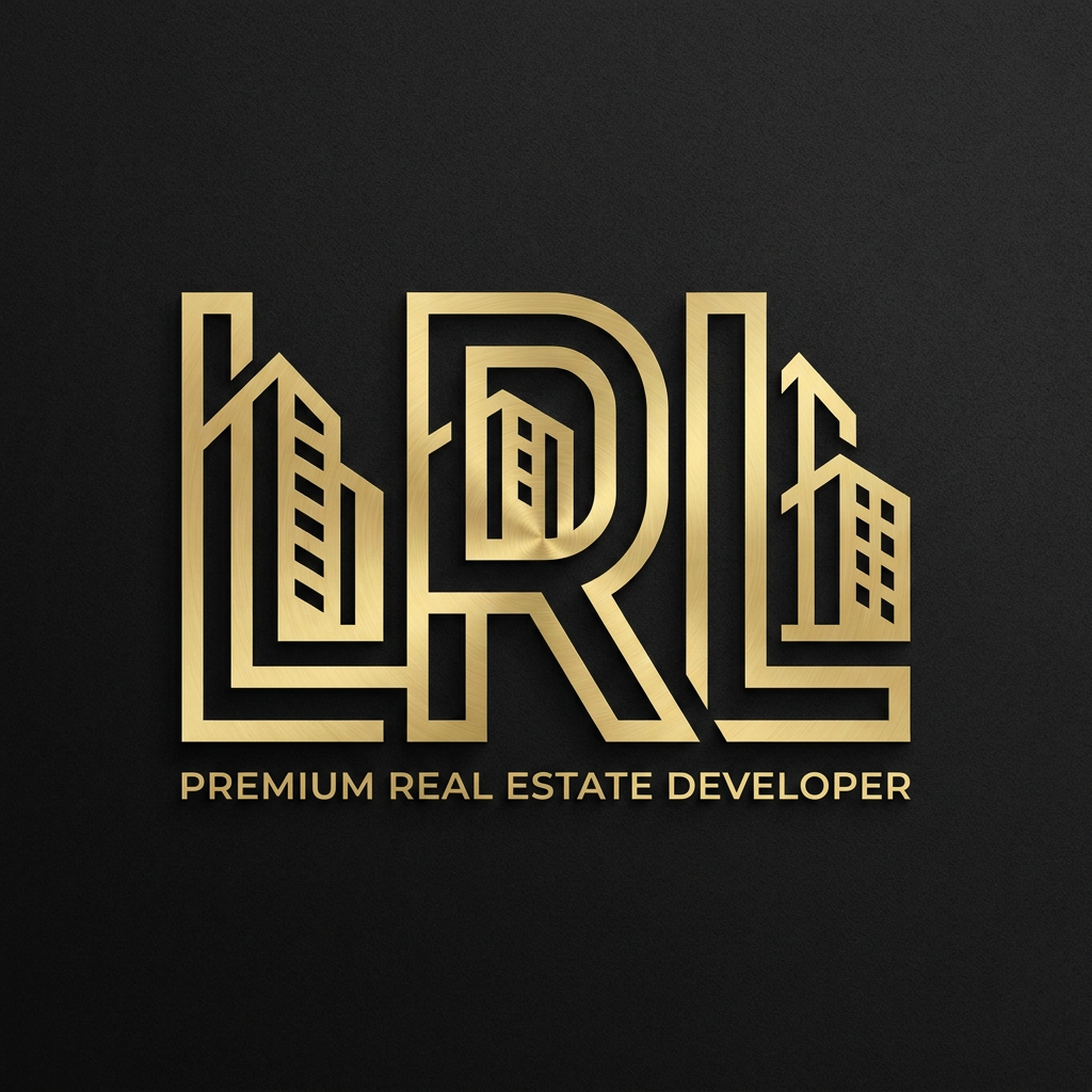 AI Design for A sophisticated, high-end vector logo for a premium real estate developer, featuring a custom monogram of the letters LRL. The design integrates modern, skyscraper-inspired geometric lines with elegant negative space to create a timeless, architectural emblem. Rendered in a metallic gold finish against a sleek matte black background, the aesthetic is minimalist, corporate, and bold. The composition prioritizes clean, sharp edges and perfect symmetry, reflecting an ultra-premium brand identity suitable for luxury property signage and high-end investor collateral.
